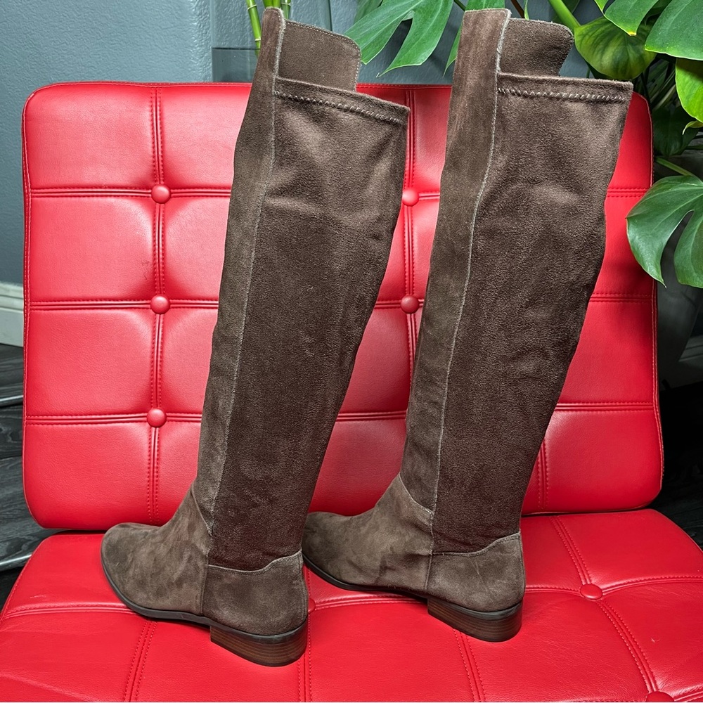 LUCKY BRAND Calypso Brown Suede OTK Boots Sz8.5 NWOB Stretch Panel StepShaft Top - Picture 6 of 14